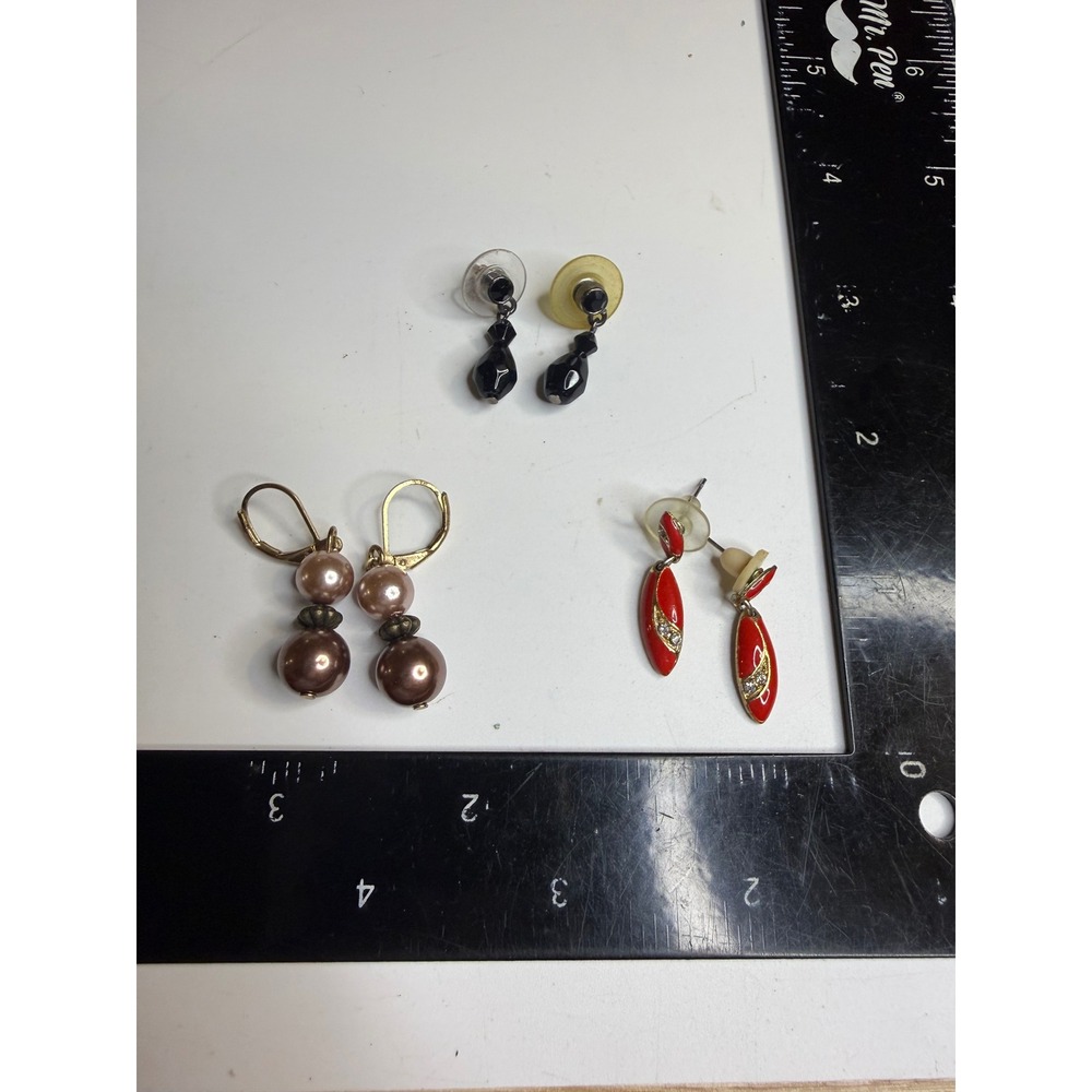 Lot of 3 Pairs Drop Earrings Faux Pearl Red Enamel Rhinestone Black Bead Mixed